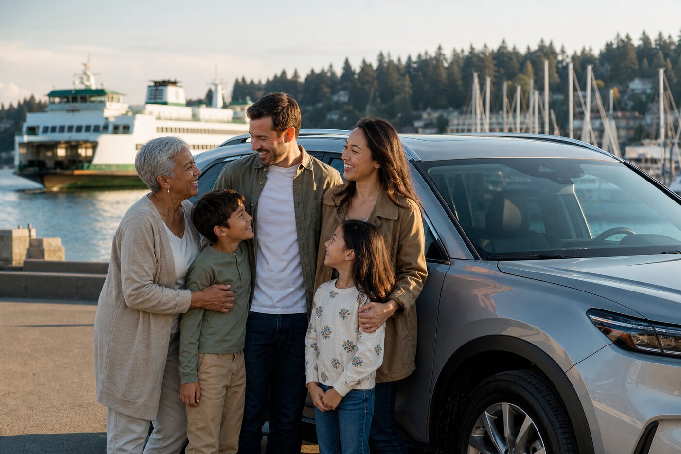 Family with their inspected pre-owned SUV near the Edmonds, Washington waterfront