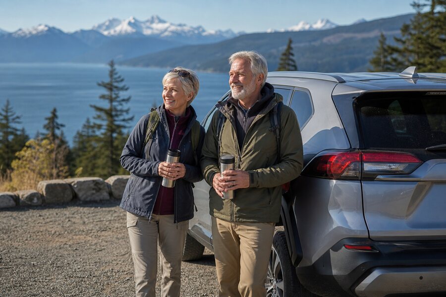 Active couple with an AWD SUV at a Pacific Northwest overlook