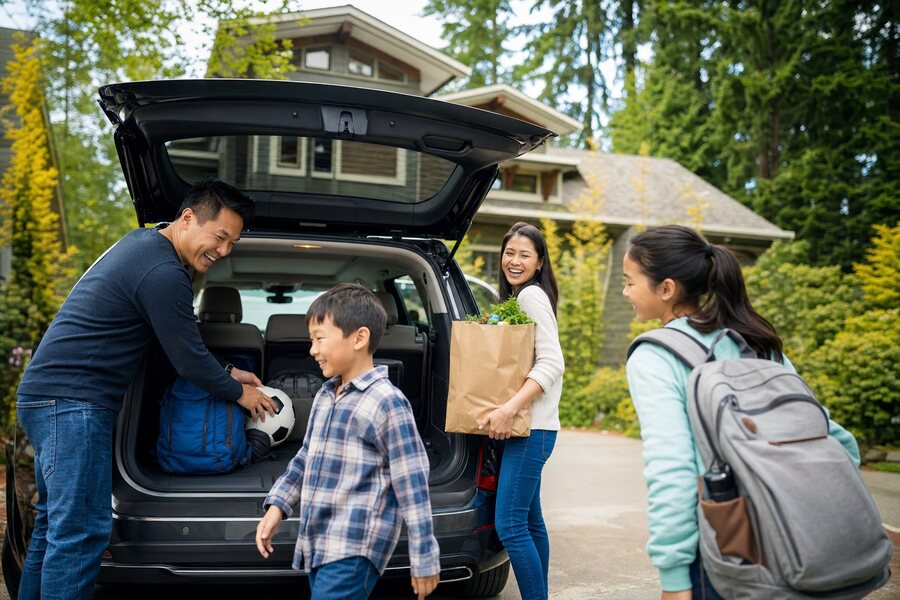 Family loading an SUV in a Pacific Northwest driveway