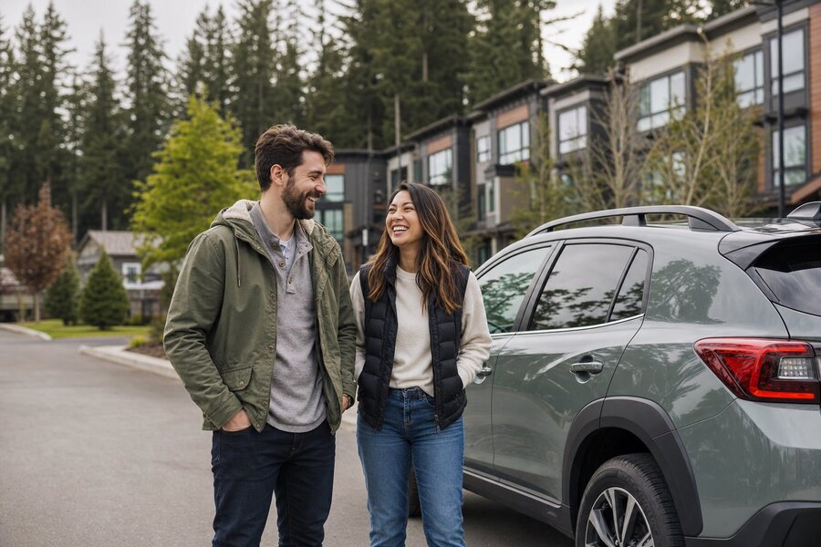 Young couple with a compact SUV on a Lynnwood street
